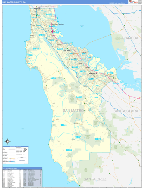 San Mateo County, CA Wall Map Basic Style